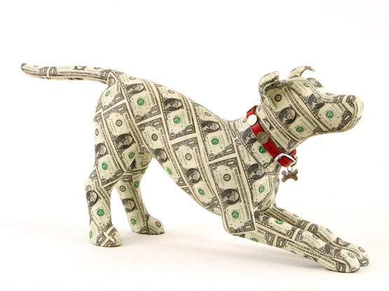 Washington, a money covered dog sculpture by Justine Smith, London