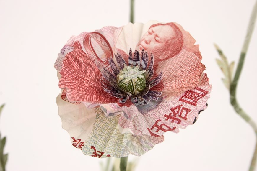 Poppy plant sculpture made from Chinese Yuan