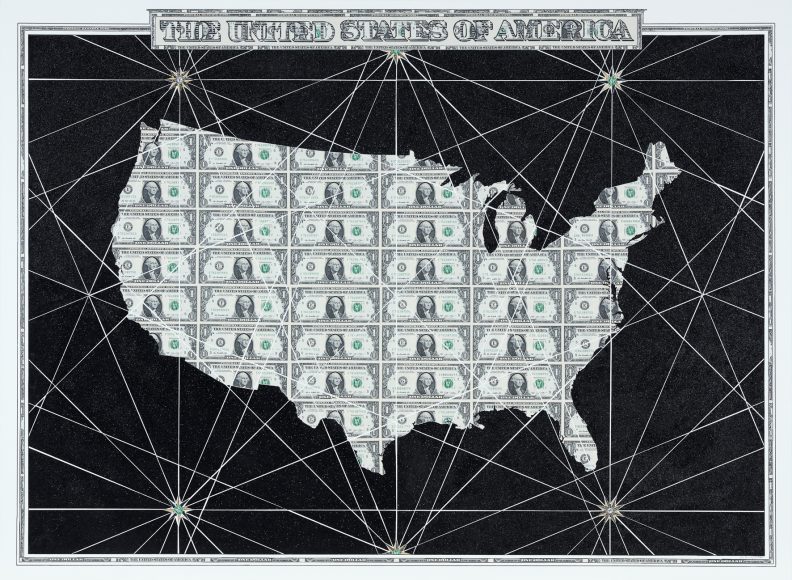 US Dollar and glitter collage map of The United States of America